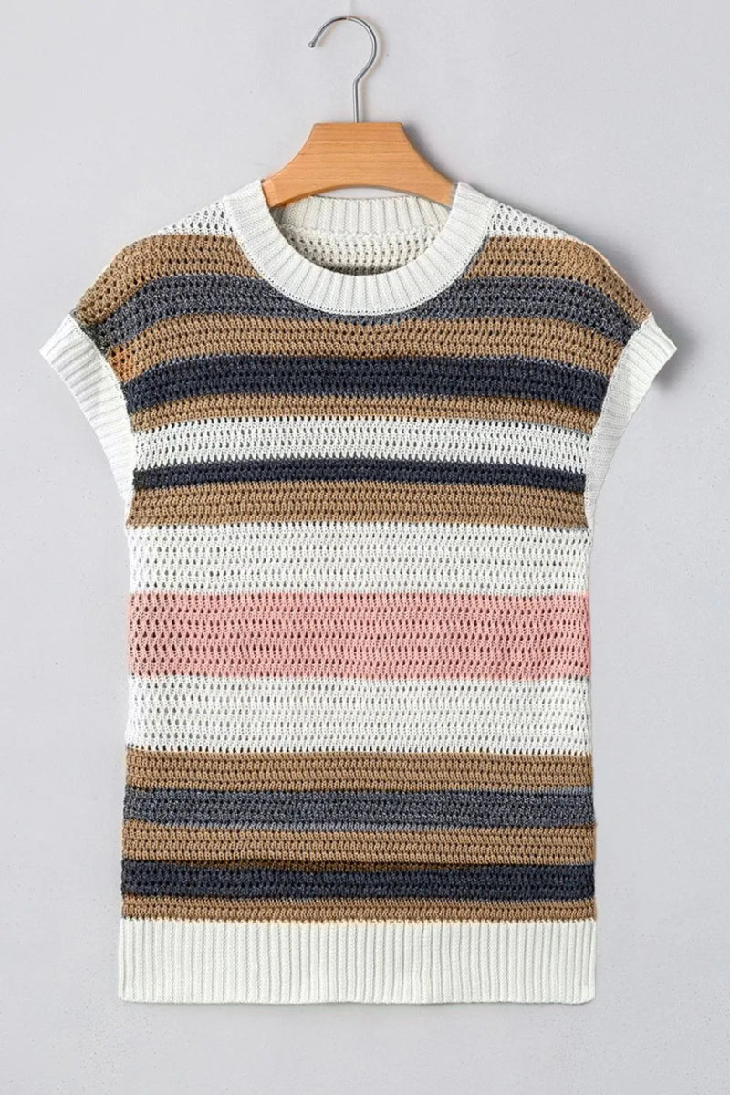 Stripe Color Block Eyelet Knit Short Sleeve Knit Top - Easy Pickins Store