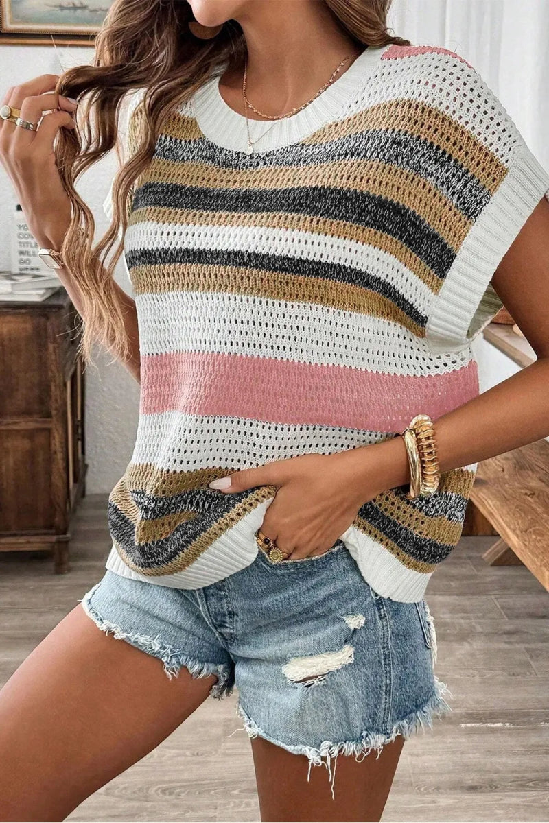 Stripe Color Block Eyelet Knit Short Sleeve Knit Top - Easy Pickins Store