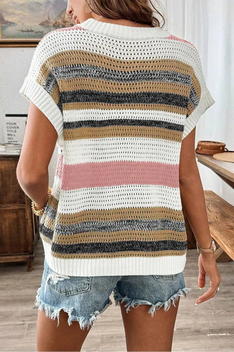 Stripe Color Block Eyelet Knit Short Sleeve Knit Top - Easy Pickins Store