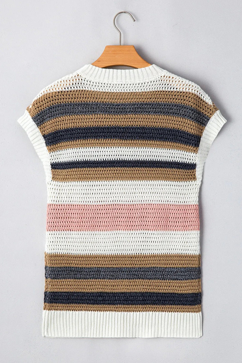 Stripe Color Block Eyelet Knit Short Sleeve Knit Top - Easy Pickins Store