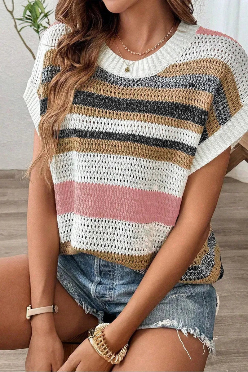 Stripe Color Block Eyelet Knit Short Sleeve Knit Top - Easy Pickins Store