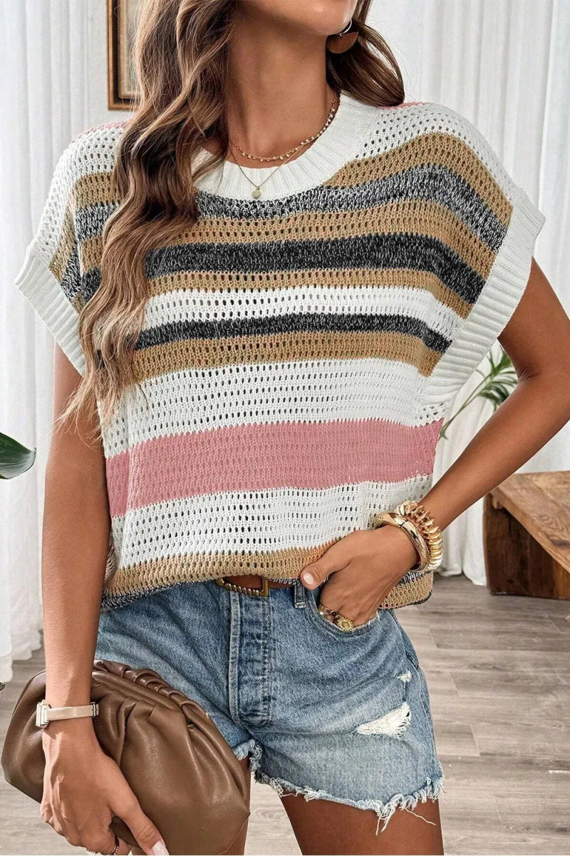 Stripe Color Block Eyelet Knit Short Sleeve Knit Top - Easy Pickins Store