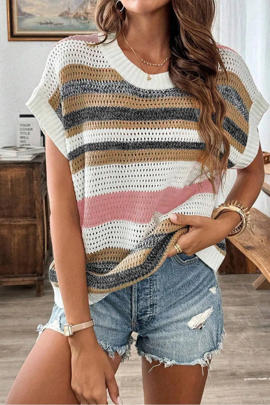 Stripe Color Block Eyelet Knit Short Sleeve Knit Top - Easy Pickins Store