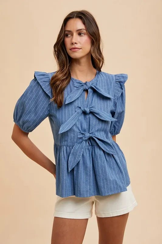 Stripe Front Bow Denim Peplum Blouse - Easy Pickins Store