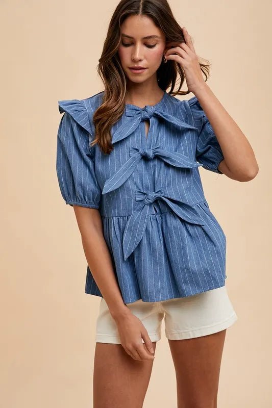 Stripe Front Bow Denim Peplum Blouse - Easy Pickins Store