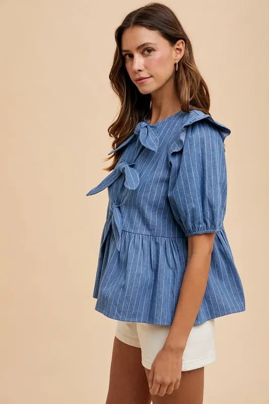 Stripe Front Bow Denim Peplum Blouse - Easy Pickins Store