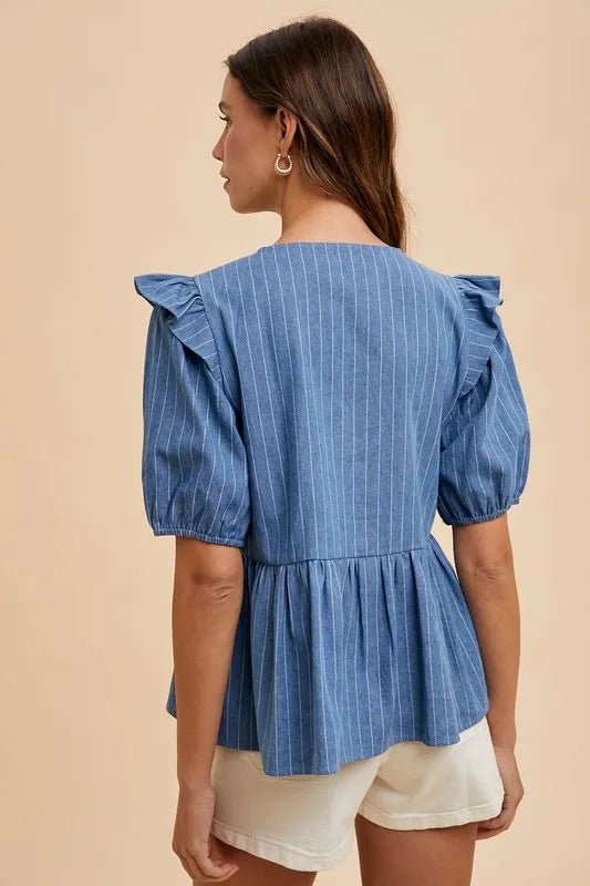 Stripe Front Bow Denim Peplum Blouse - Easy Pickins Store