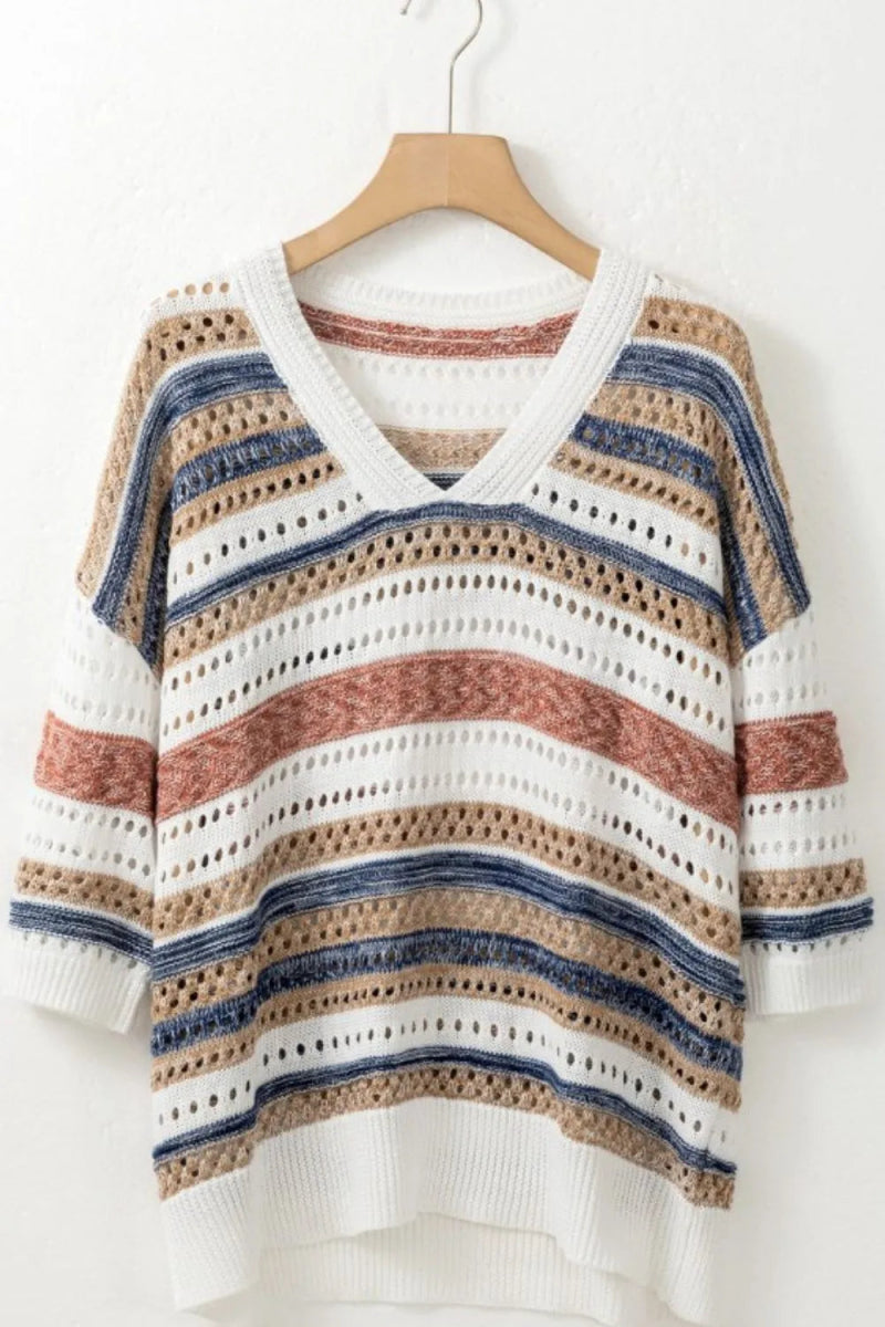 Striped Hollow Out Half Sleeve Knit Top - Easy Pickins Store
