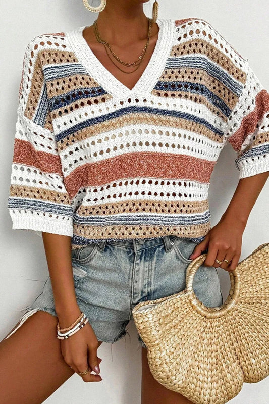 Striped Hollow Out Half Sleeve Knit Top - Easy Pickins Store