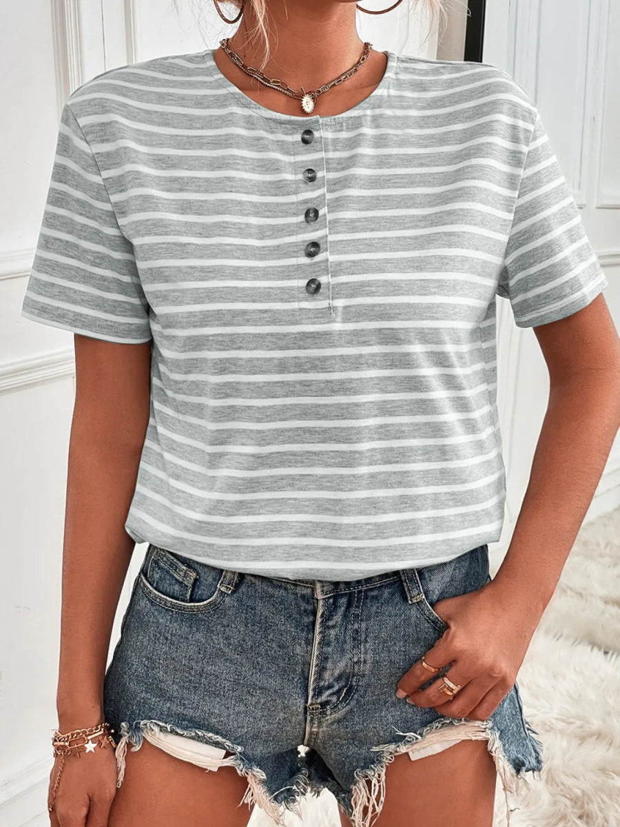 Striped Buttoned Short-Sleeve Top - Easy Pickins Store