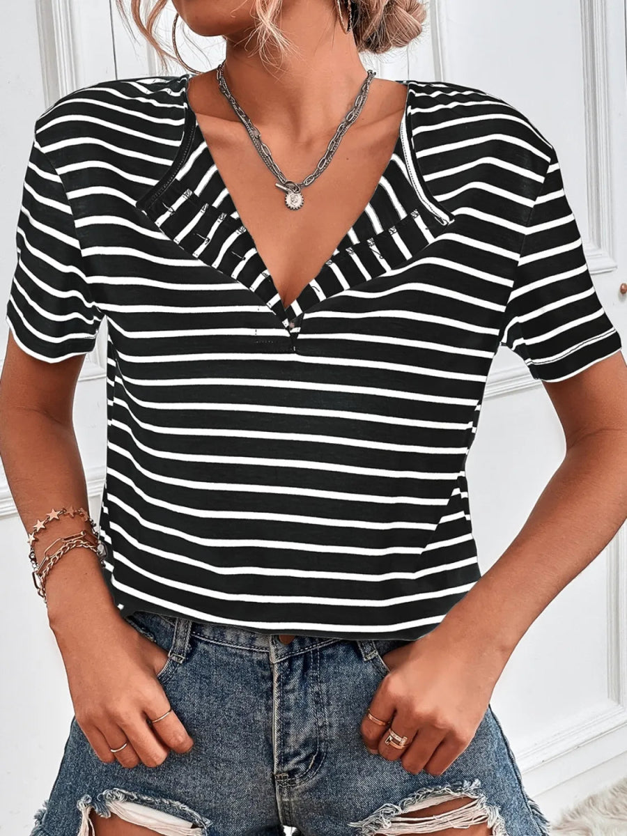 Striped Buttoned Short-Sleeve Top - Easy Pickins Store
