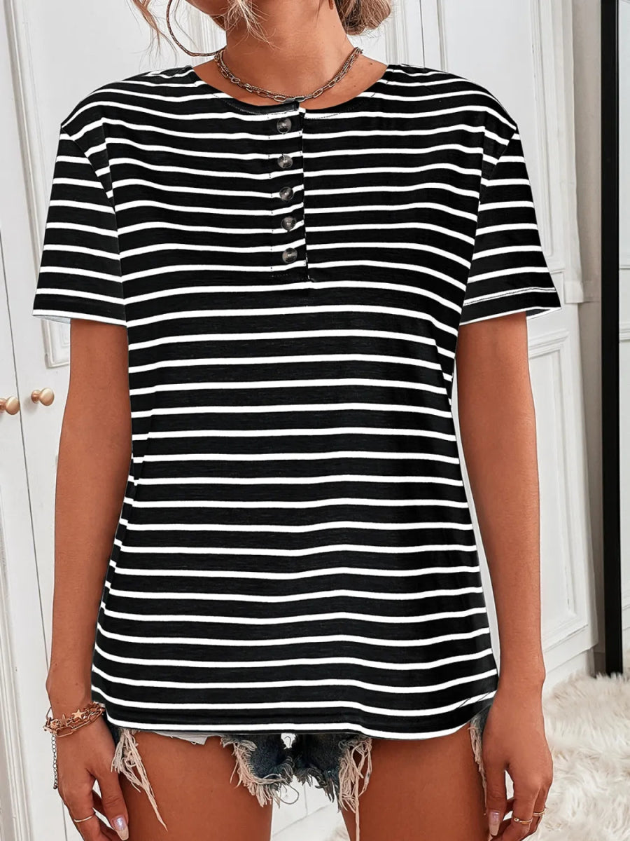 Striped Buttoned Short-Sleeve Top - Easy Pickins Store