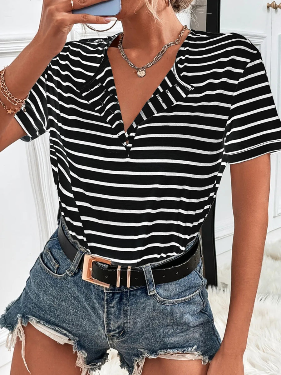 Striped Buttoned Short-Sleeve Top - Easy Pickins Store