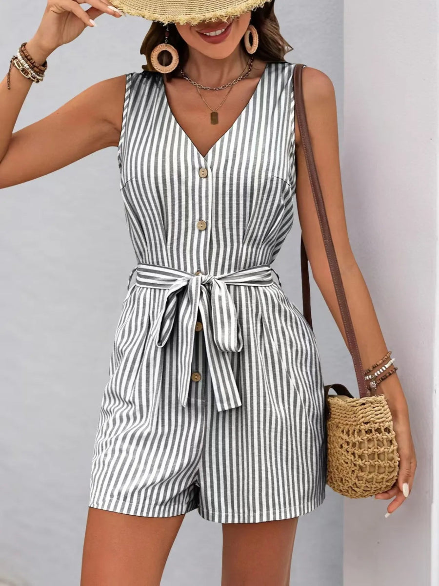 Striped V - neck Button Front Belted Romper - Easy Pickins Store
