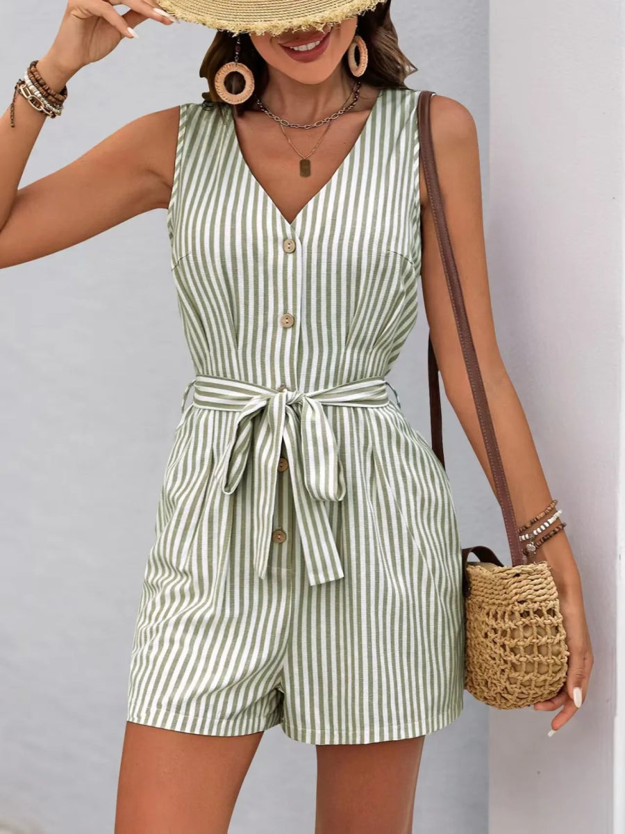 Striped V - neck Button Front Belted Romper - Easy Pickins Store