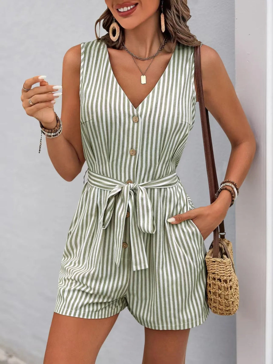 Striped V - neck Button Front Belted Romper - Easy Pickins Store