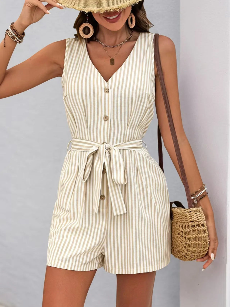 Striped V - neck Button Front Belted Romper - Easy Pickins Store