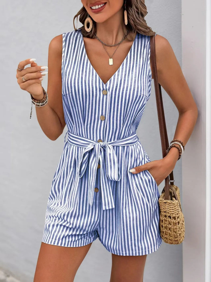 Striped V - neck Button Front Belted Romper - Easy Pickins Store