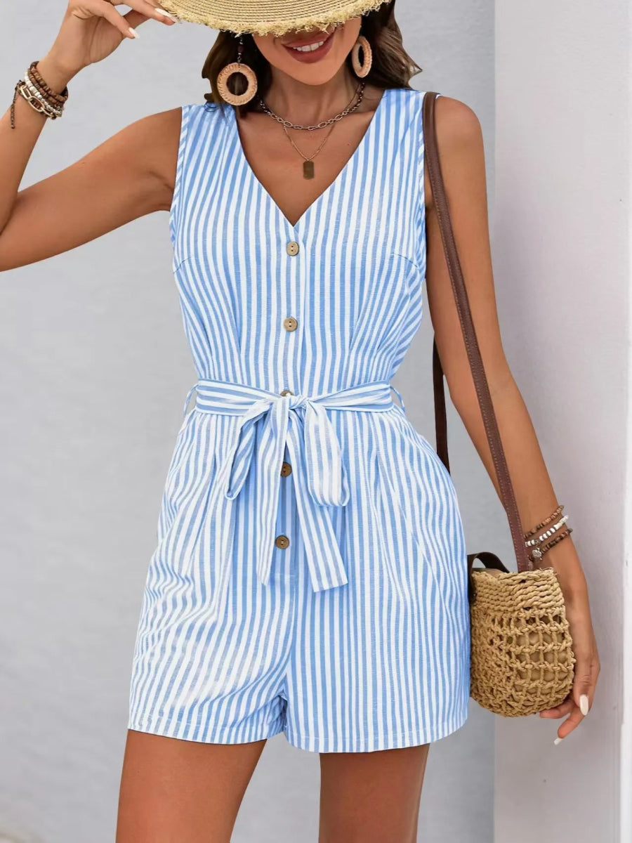 Striped V - neck Button Front Belted Romper - Easy Pickins Store