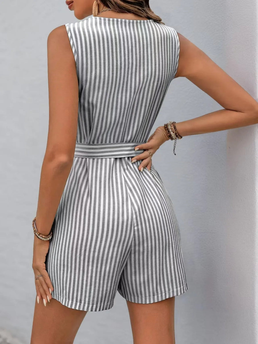 Striped V - neck Button Front Belted Romper - Easy Pickins Store