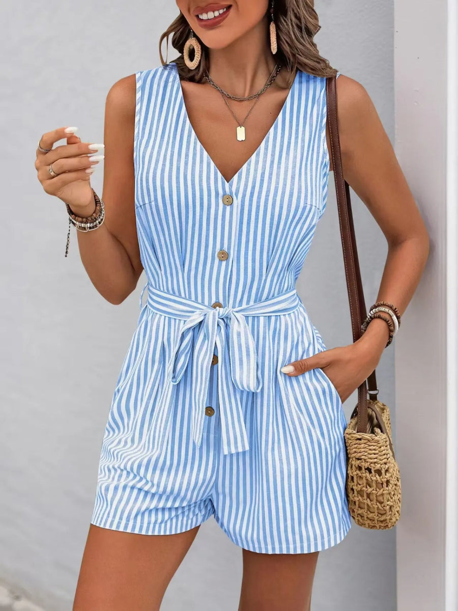 Striped V - neck Button Front Belted Romper - Easy Pickins Store