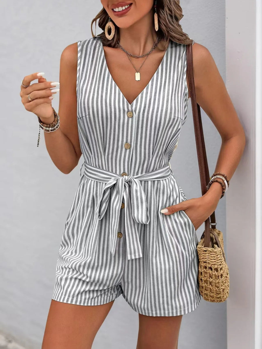 Striped V - neck Button Front Belted Romper - Easy Pickins Store