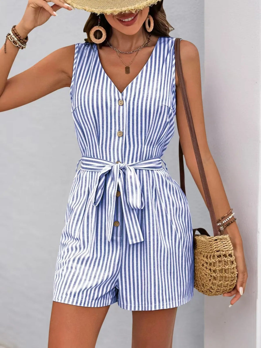 Striped V - neck Button Front Belted Romper - Easy Pickins Store