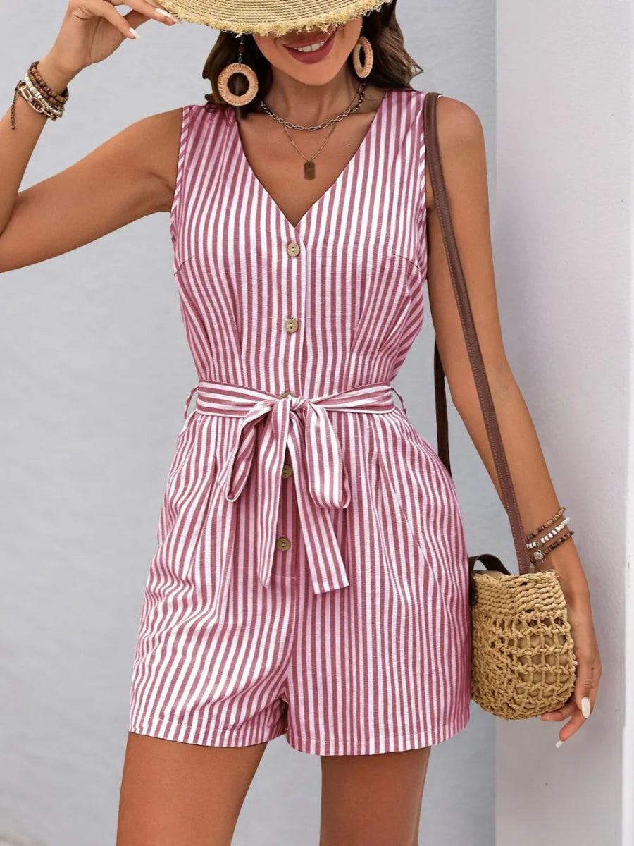 Striped V - Neck Tie Waist Romper - Easy Pickins Store