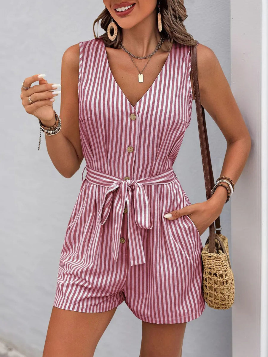 Striped V - Neck Tie Waist Romper - Easy Pickins Store