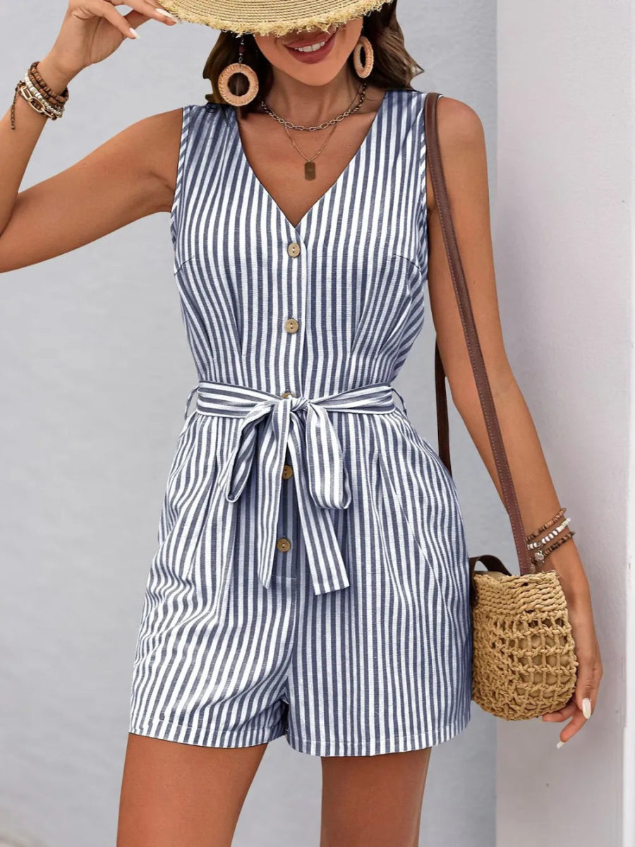 Striped V - Neck Tie Waist Romper - Easy Pickins Store