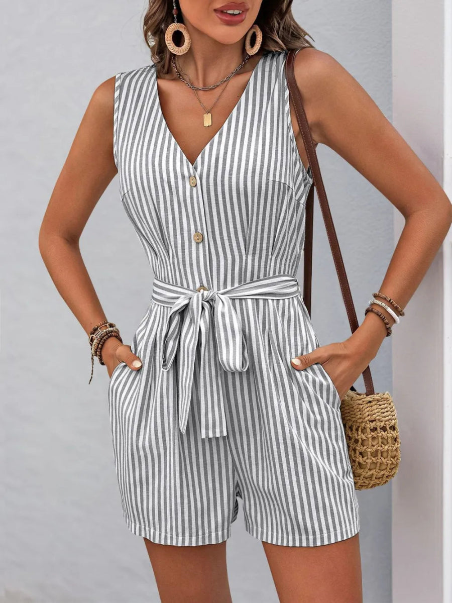 Striped V - Neck Tie Waist Romper - Easy Pickins Store