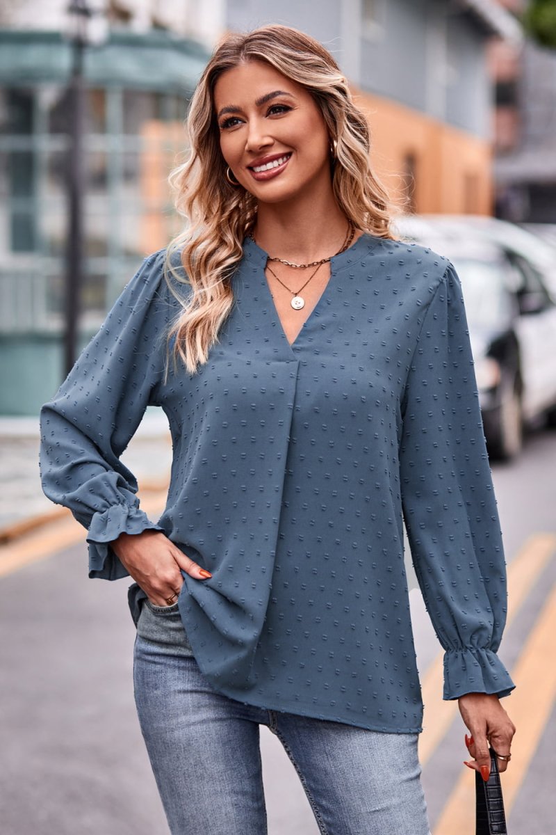 Swiss Dot Notched Neck Flounce Sleeve Blouse - Easy Pickins Store