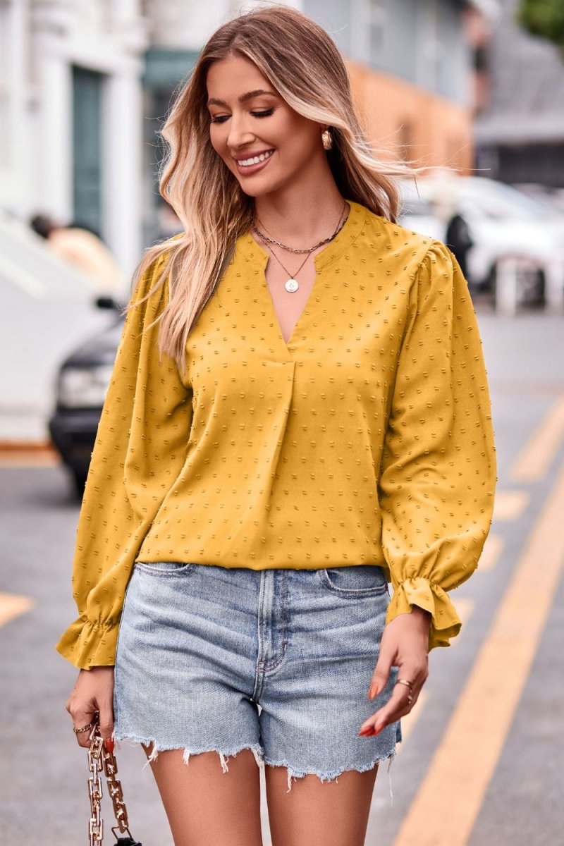 Swiss Dot Notched Neck Flounce Sleeve Blouse - Easy Pickins Store