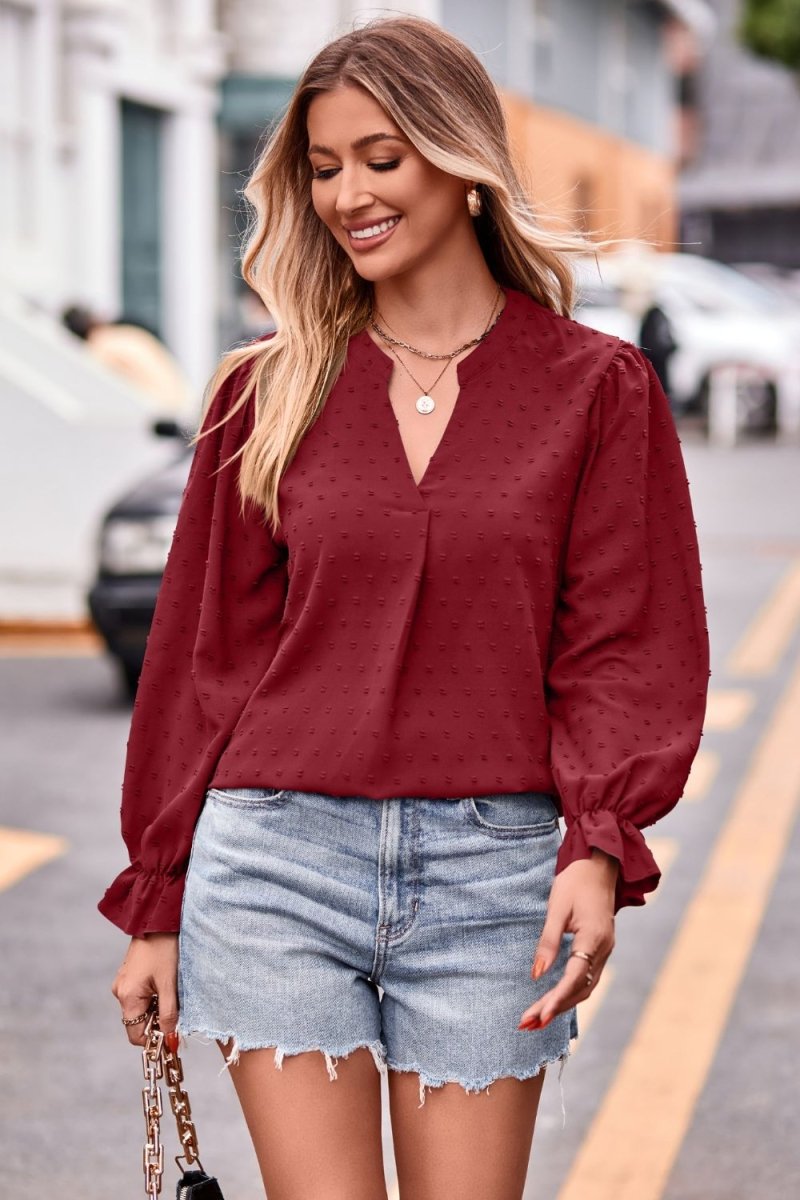 Swiss Dot Notched Neck Flounce Sleeve Blouse - Easy Pickins Store