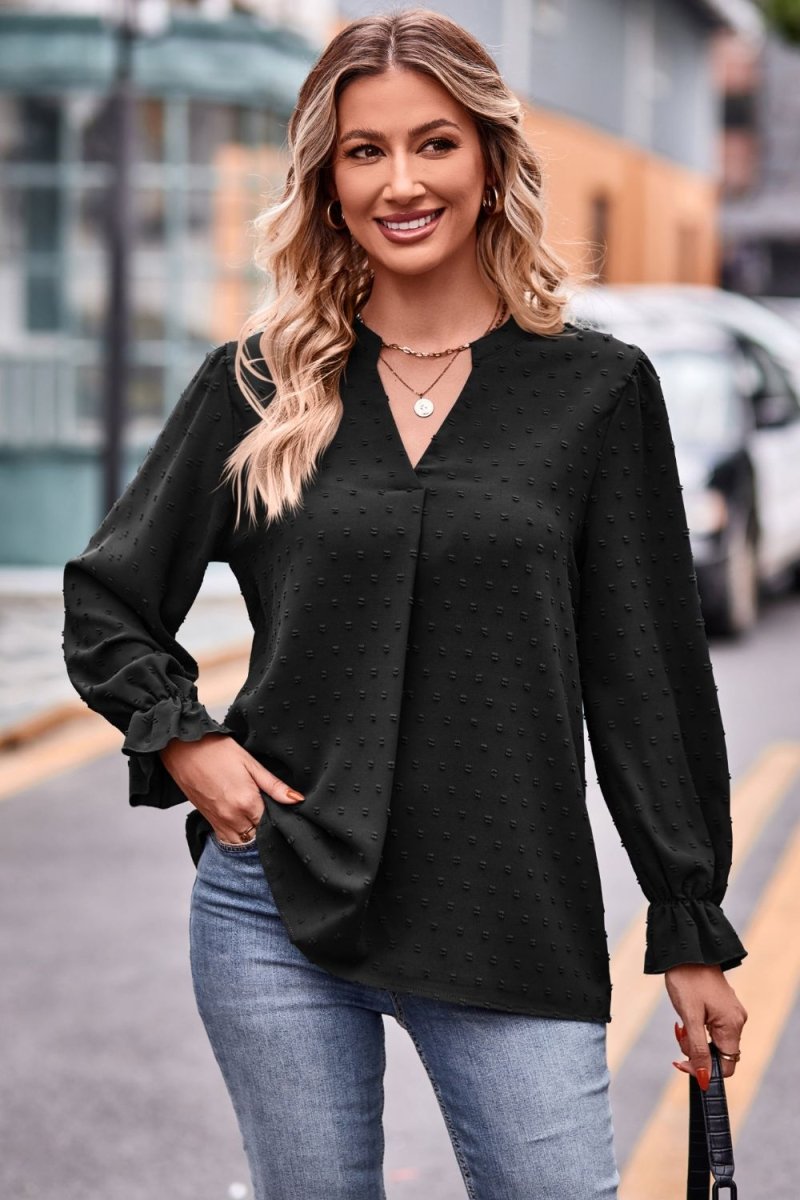 Swiss Dot Notched Neck Flounce Sleeve Blouse - Easy Pickins Store