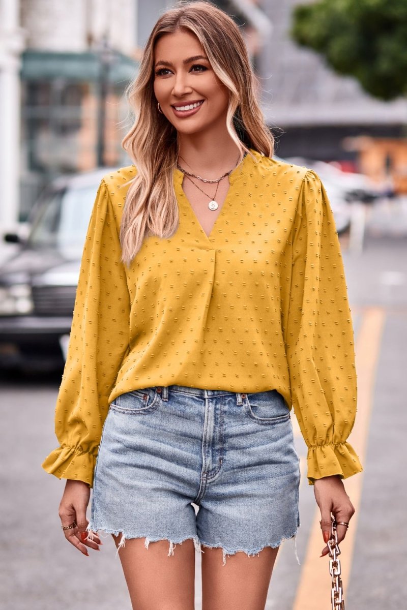 Swiss Dot Notched Neck Flounce Sleeve Blouse - Easy Pickins Store