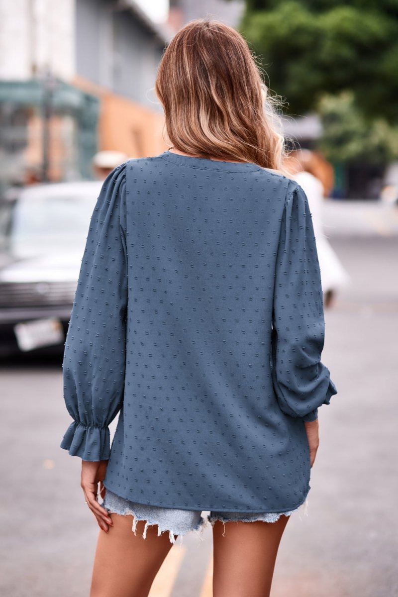 Swiss Dot Notched Neck Flounce Sleeve Blouse - Easy Pickins Store