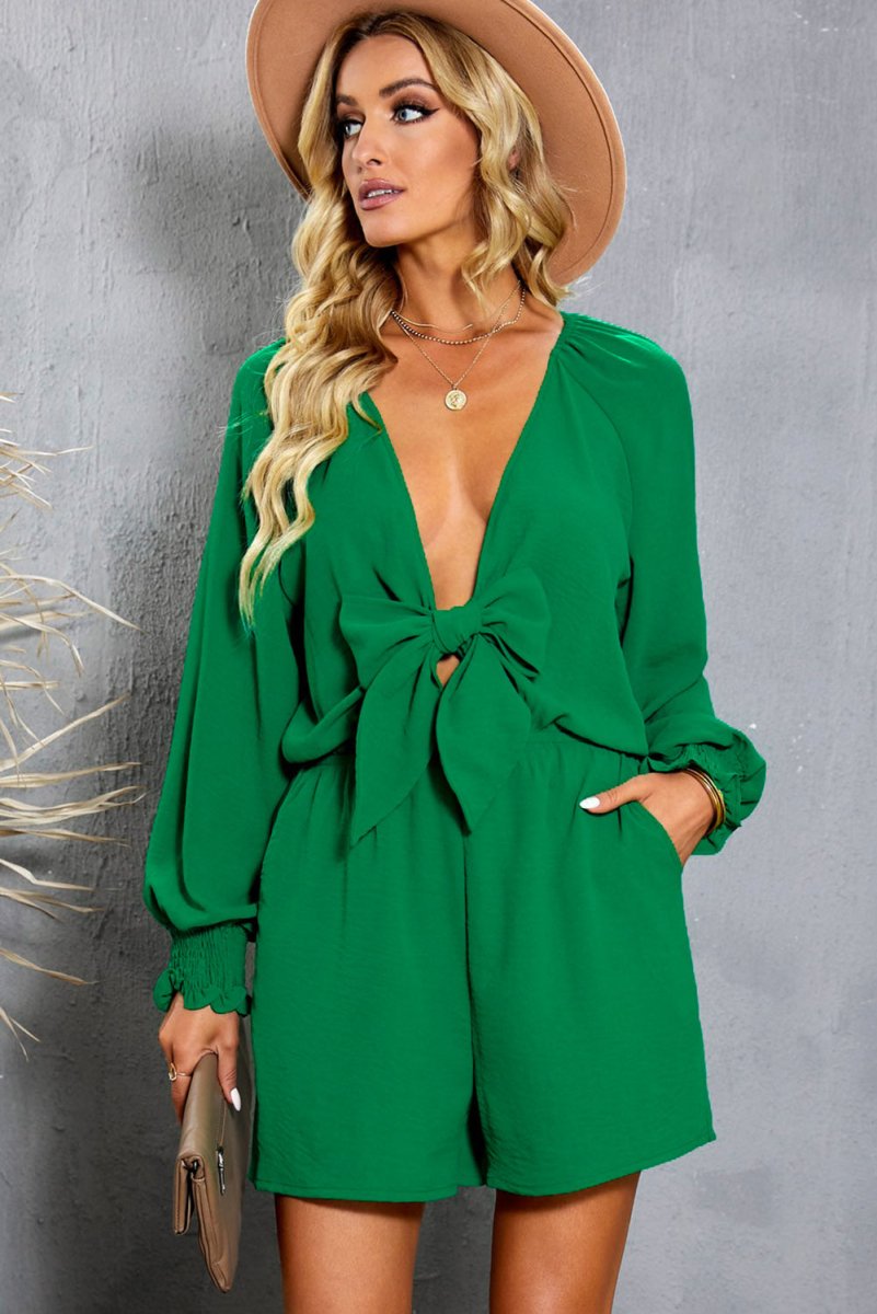 Tied Flounce Sleeve Plunge Romper - Easy Pickins Store