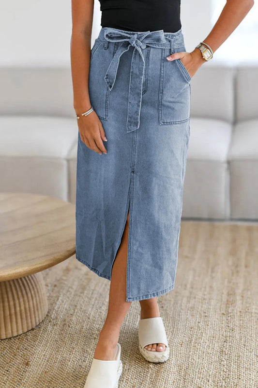 Tied Slit Denim Pocketed Skirt - Easy Pickins Store