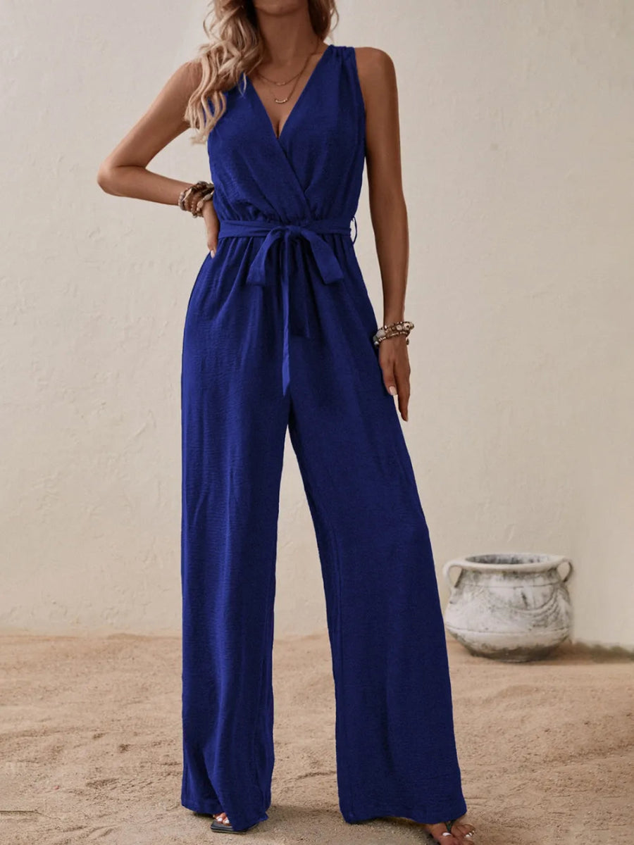 Tied Surplice Sleeveless Wide Leg Jumpsuit - Easy Pickins Store