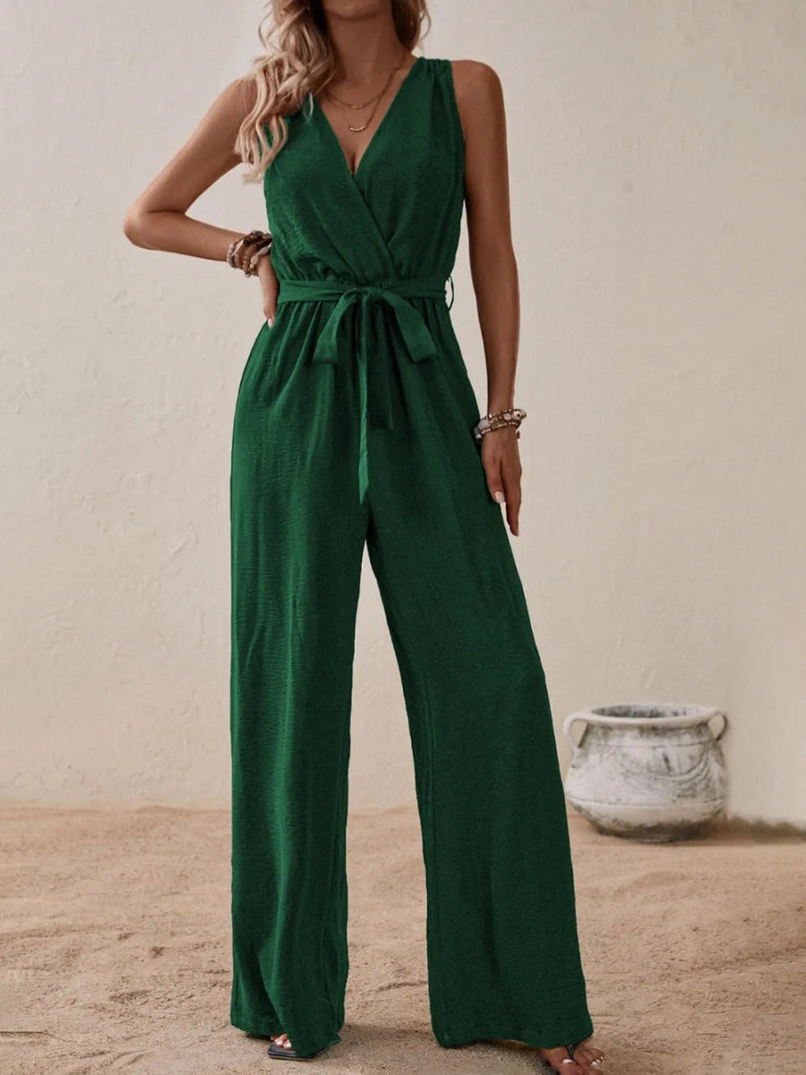 Tied Surplice Sleeveless Wide Leg Jumpsuit - Easy Pickins Store