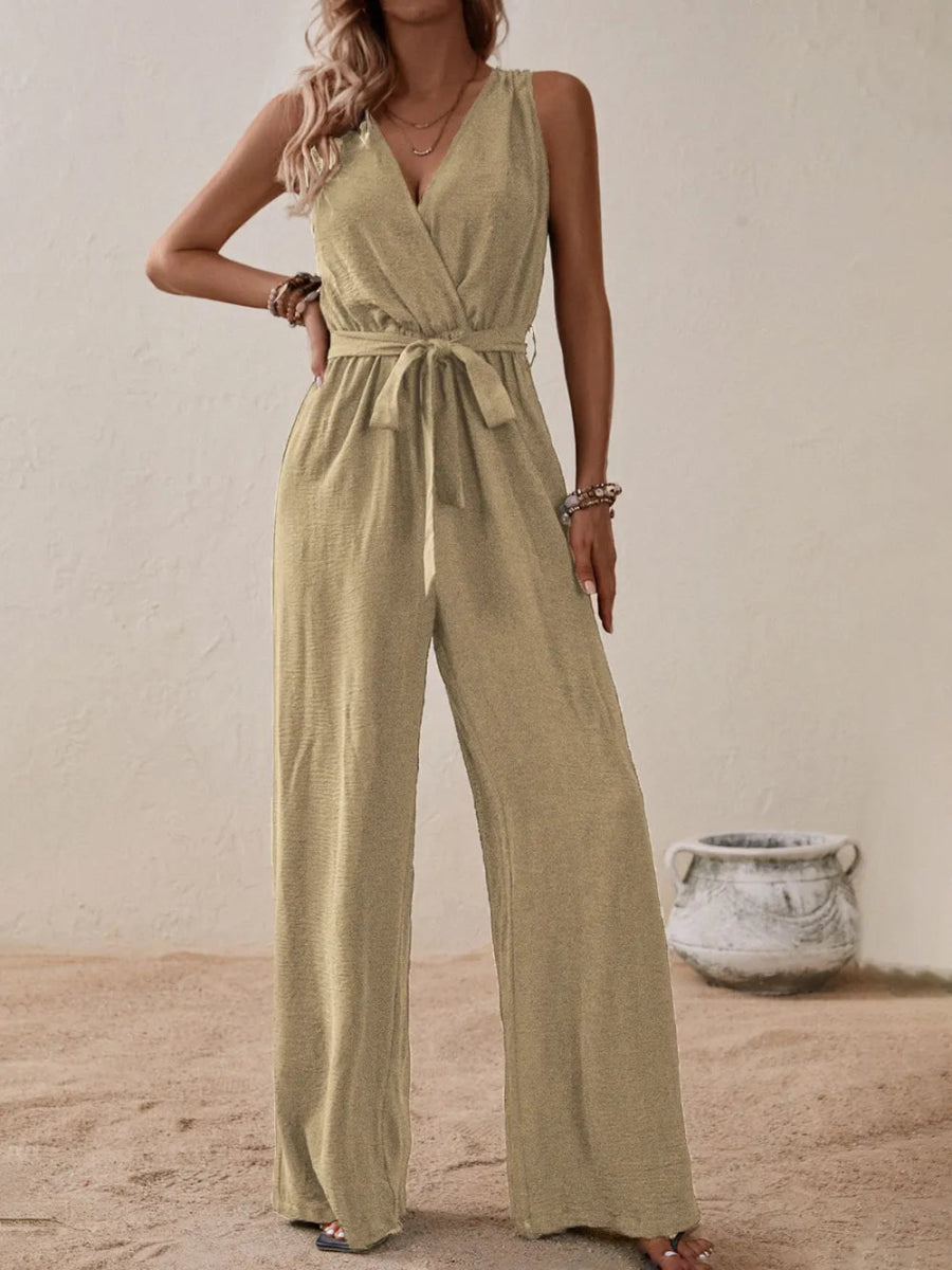 Tied Surplice Sleeveless Wide Leg Jumpsuit - Easy Pickins Store