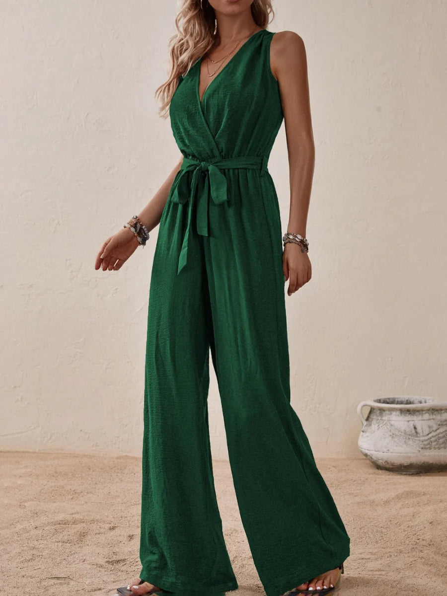 Tied Surplice Sleeveless Wide Leg Jumpsuit - Easy Pickins Store