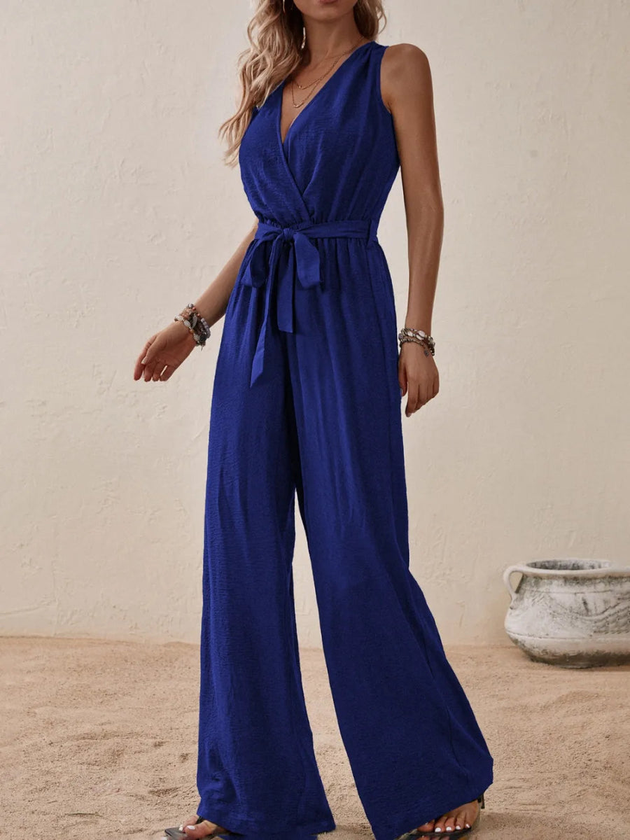 Tied Surplice Sleeveless Wide Leg Jumpsuit - Easy Pickins Store