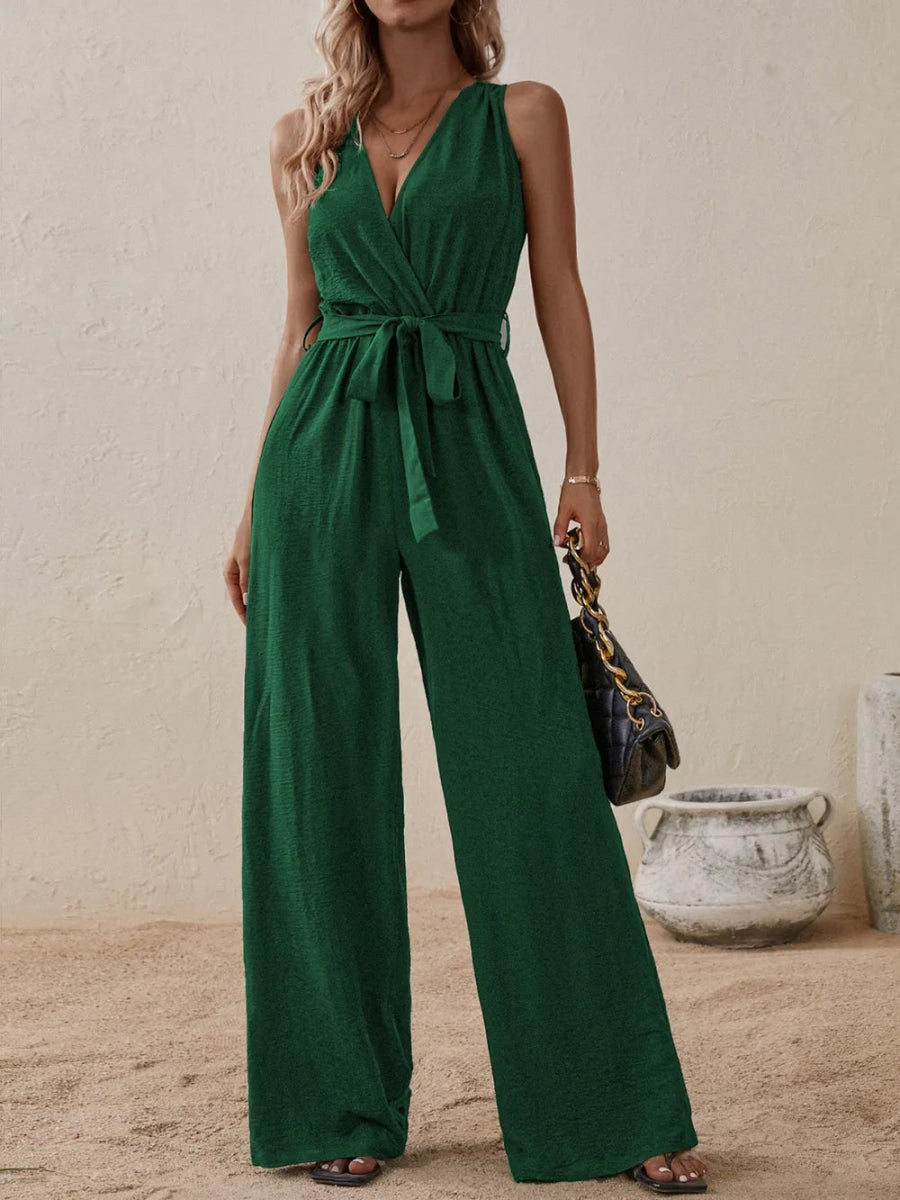 Tied Surplice Sleeveless Wide Leg Jumpsuit - Easy Pickins Store