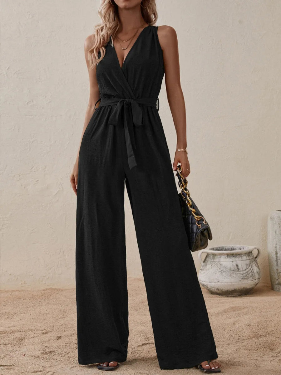 Tied Surplice Sleeveless Wide Leg Jumpsuit - Easy Pickins Store