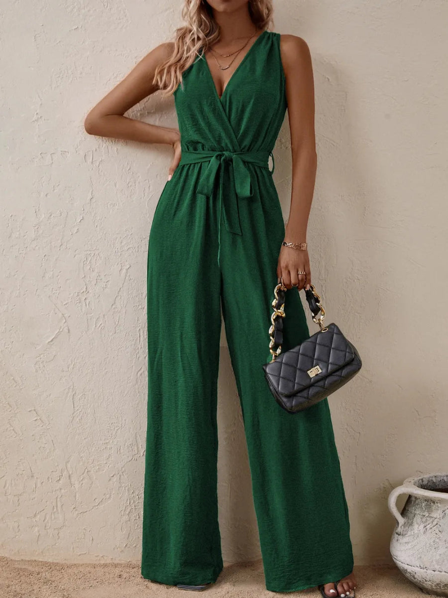 Tied Surplice Sleeveless Wide Leg Jumpsuit - Easy Pickins Store