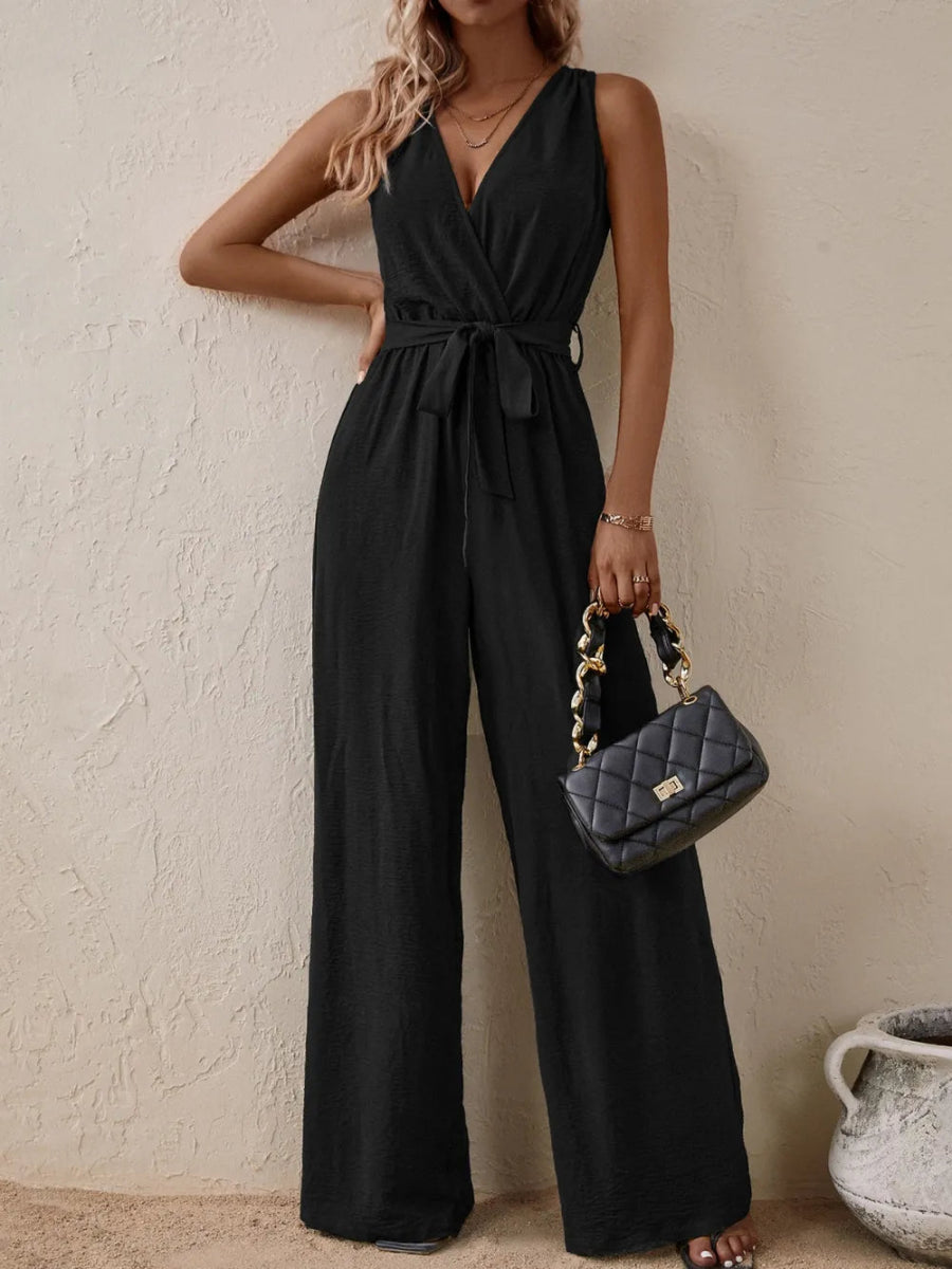 Tied Surplice Sleeveless Wide Leg Jumpsuit - Easy Pickins Store