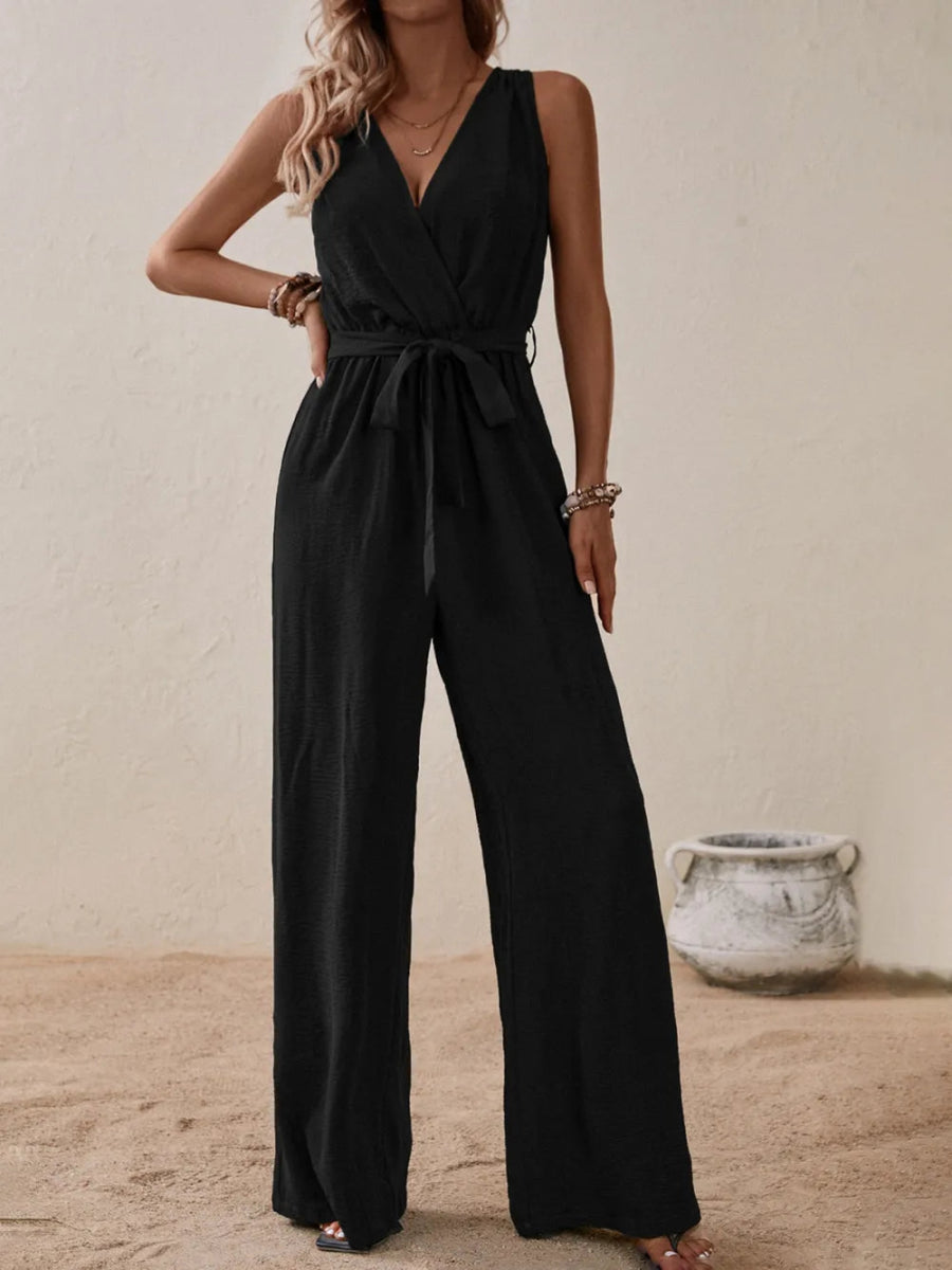 Tied Surplice Sleeveless Wide Leg Jumpsuit - Easy Pickins Store
