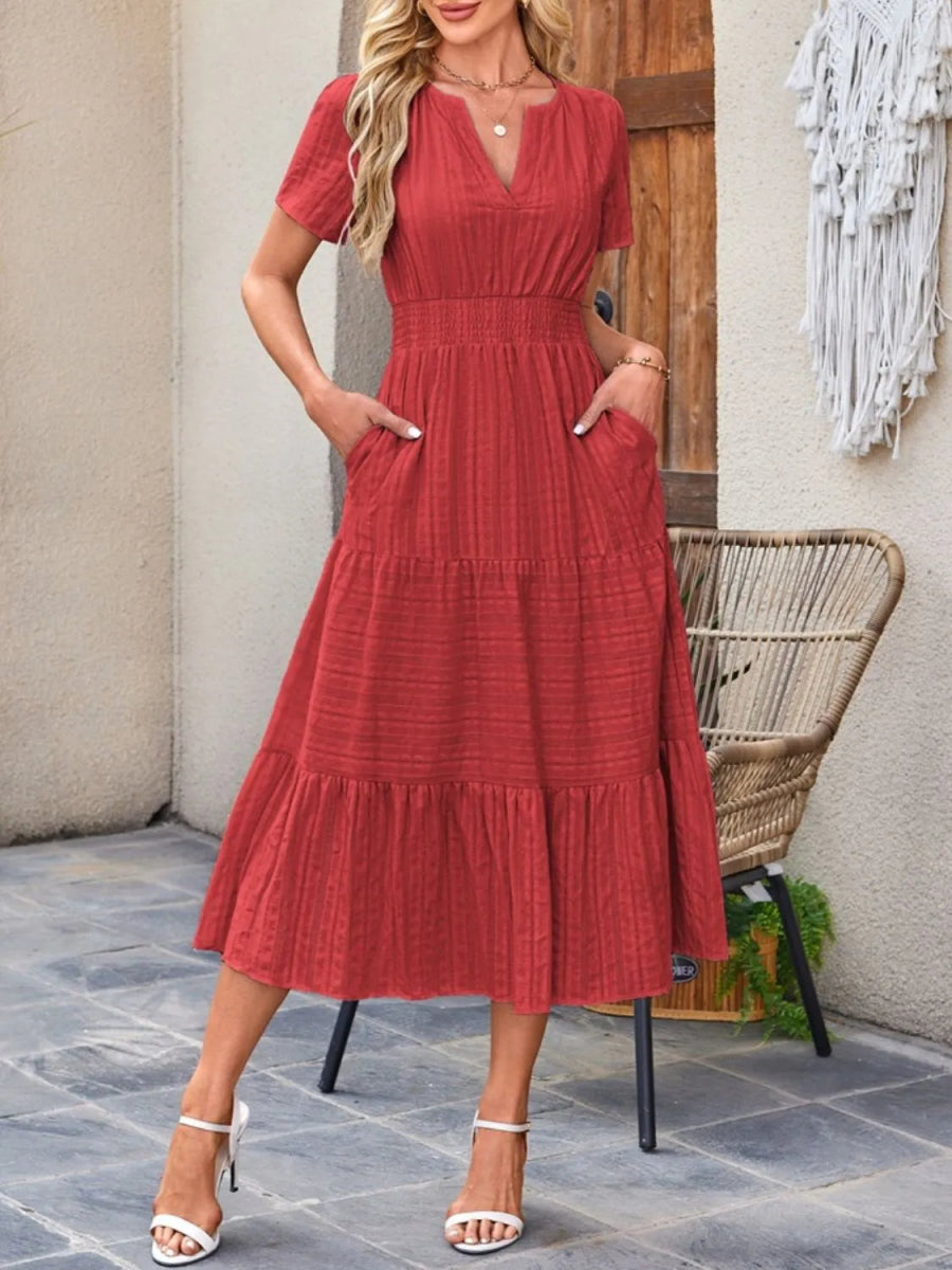 Tiered Notched Short Sleeve Dress - Easy Pickins Store